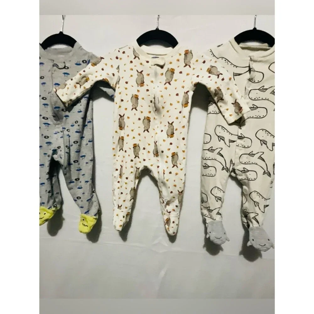 Lot of 3 Carter's Old Navy Baby Boy 6-9M Cotton Sleep and Play Whales Monsters